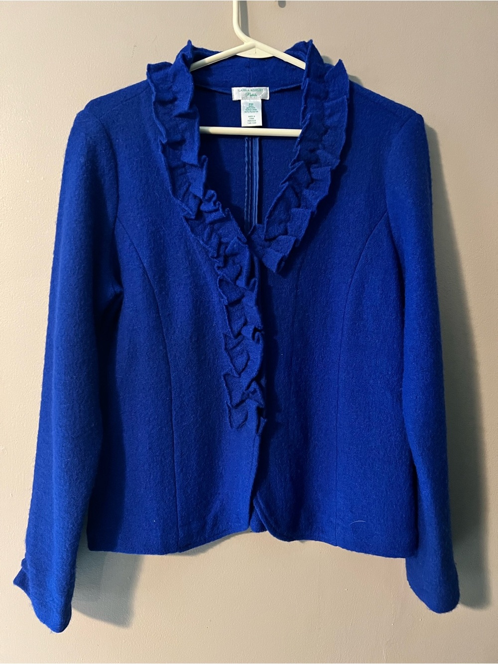 Vintage Laura Ashley wool jacket with ruffle collar and hidden snap closure. MP